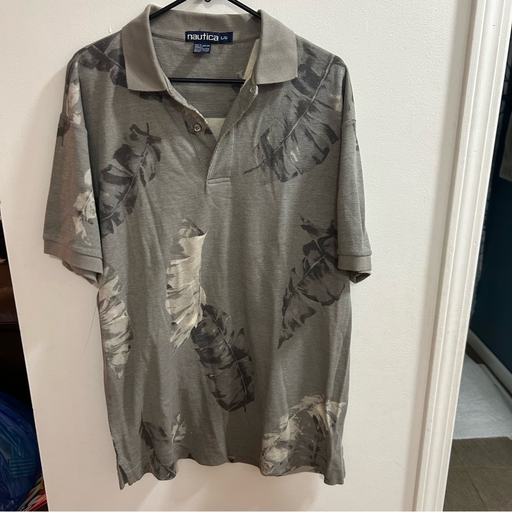 Nautica Mens Large Polo Shirt Olive Green‎ Tropical Leaf Print Short Sleeve